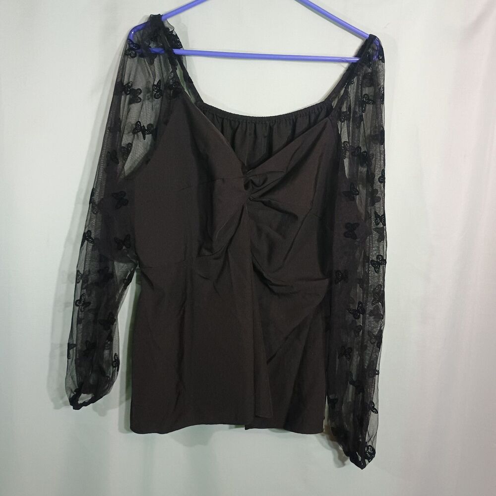 Women’s Black Sheer Lace Sleeve Blouse – Floral Mesh Ruched Front Top